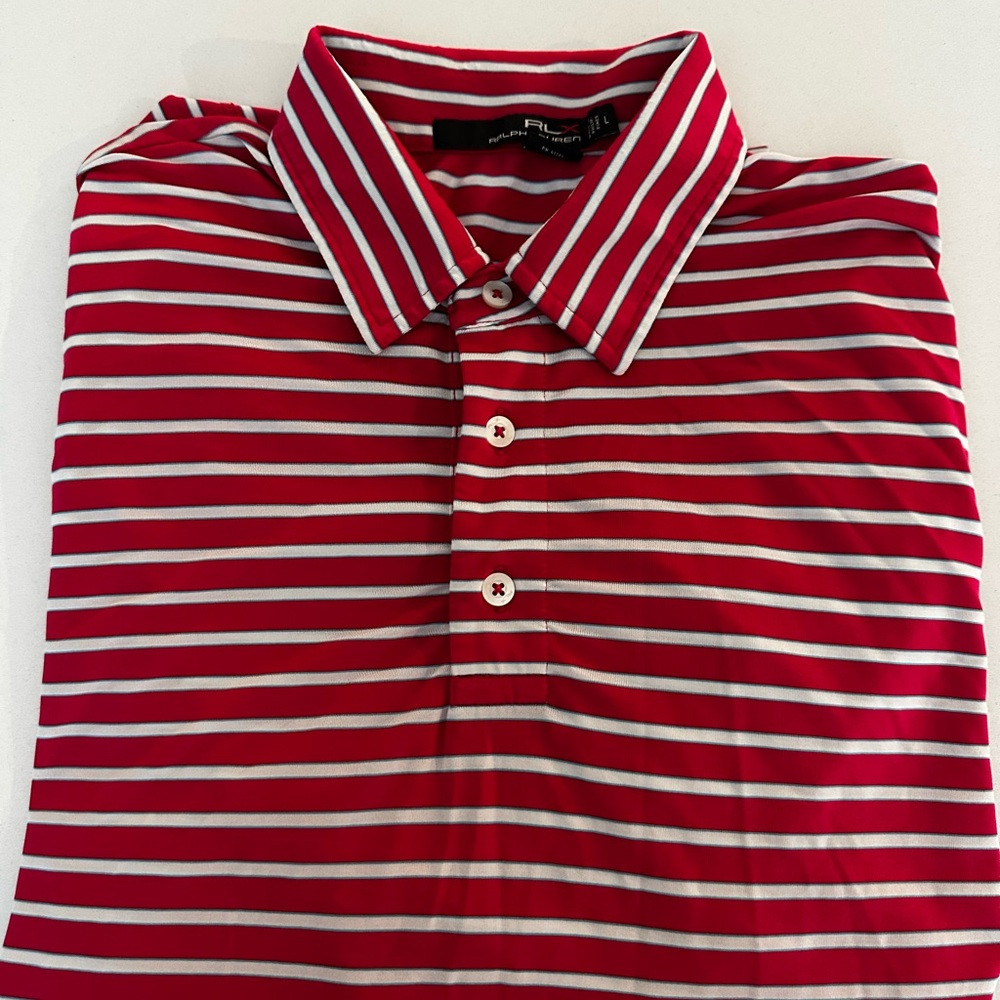 RLX Ralph Lauren Golf Polo Shirt Red, White and Blue Stripes Rio Secco Golf Club